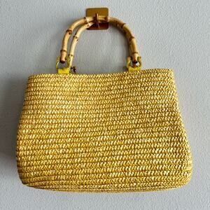 Yellow Straw Tote with Bamboo Handles & Polka Dot Lining Cottage Core Picnic